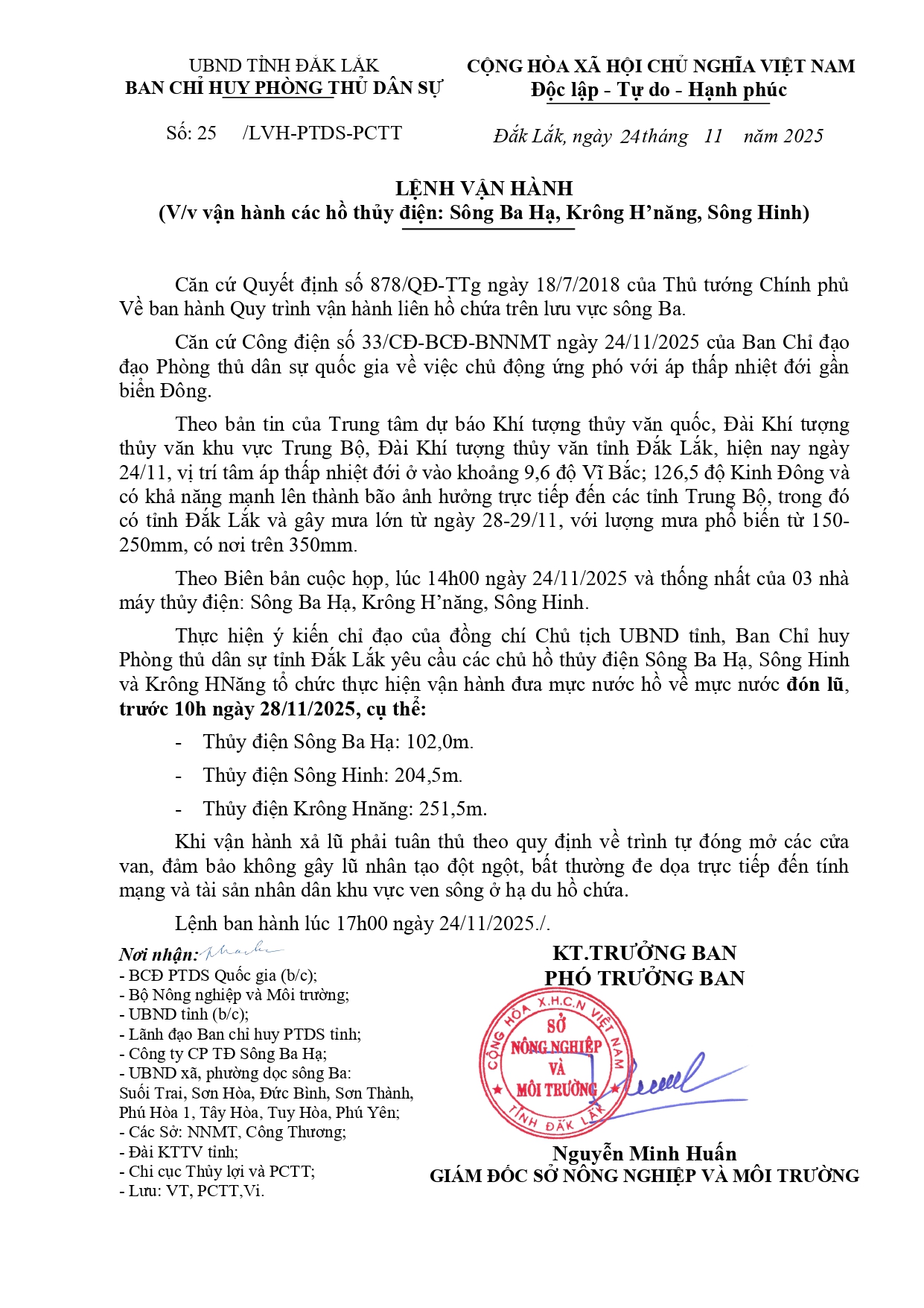 LỆNH VẬN HÀNH các hồ thủy điện: Sông Ba Hạ, Krông H’năng, Sông Hinh